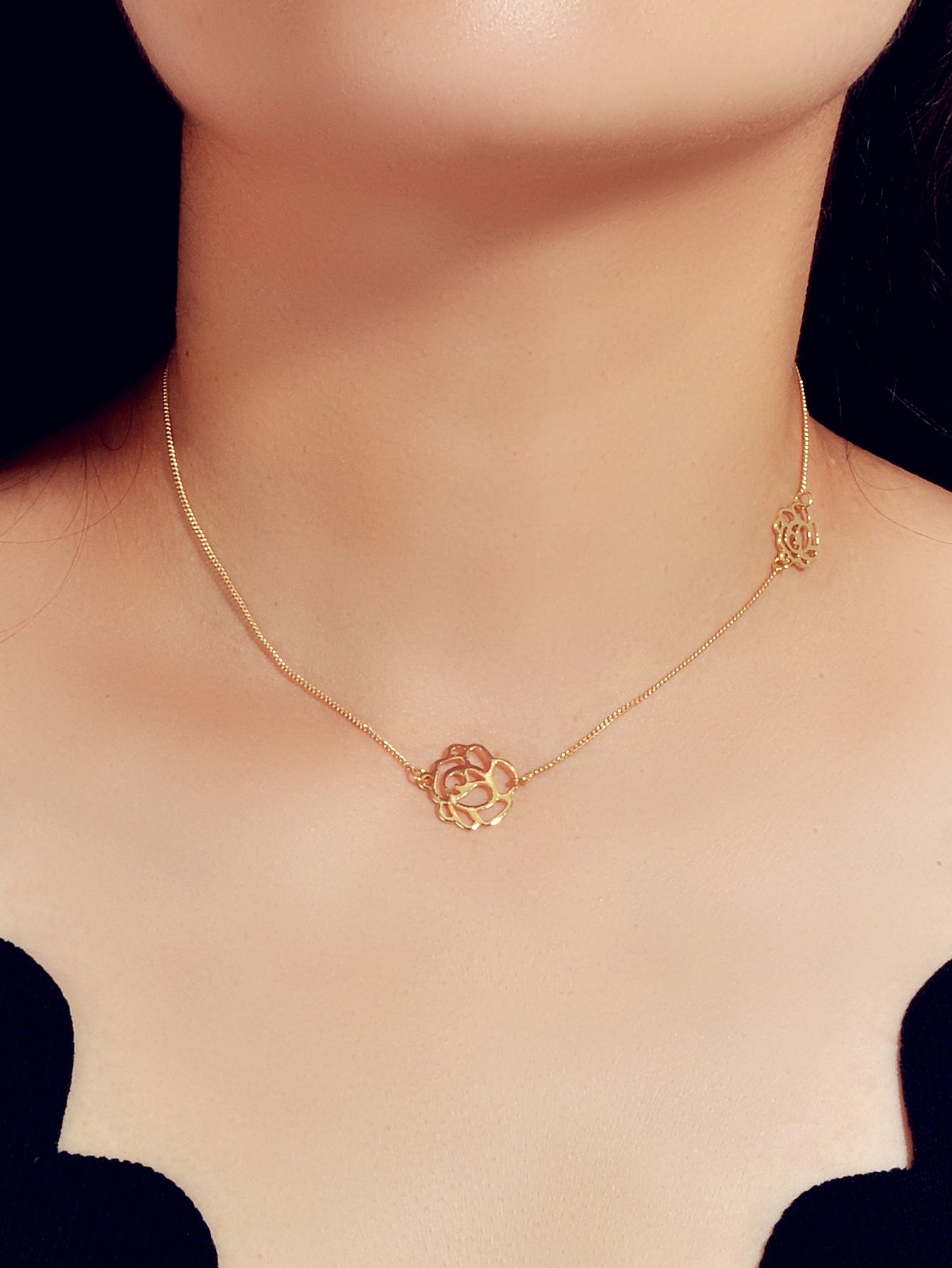 Retro Black Gold Chain Flower Collar Necklace Women Short Choker Accessories