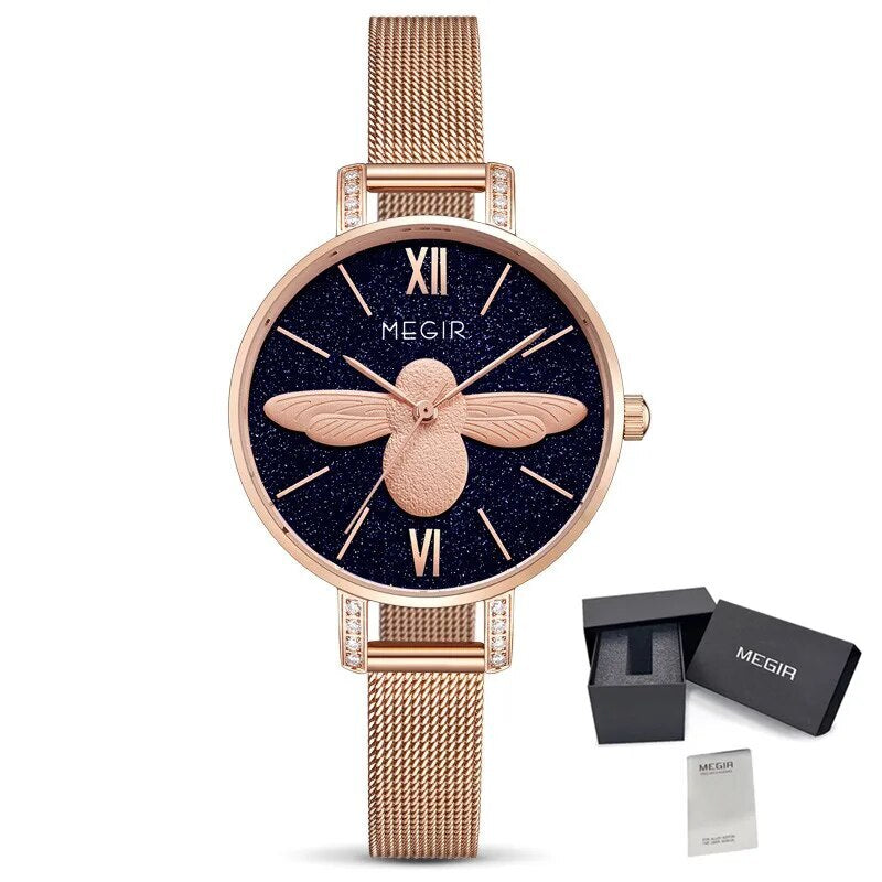 MEGIR Fashion Women Watches Top Brand Luxury Quartz Wristwatch Ladies Rose Gold Mesh Belt Business Casual Watch Reloj Mujer 7009