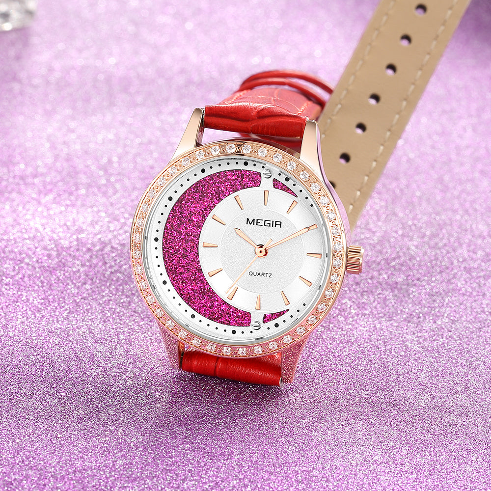 MEGIR Diamond Women Luxury Watch Elegant Ladies Quartz Wristwatch Female Bracelet Watches Waterproof Red Leather Dress Clock