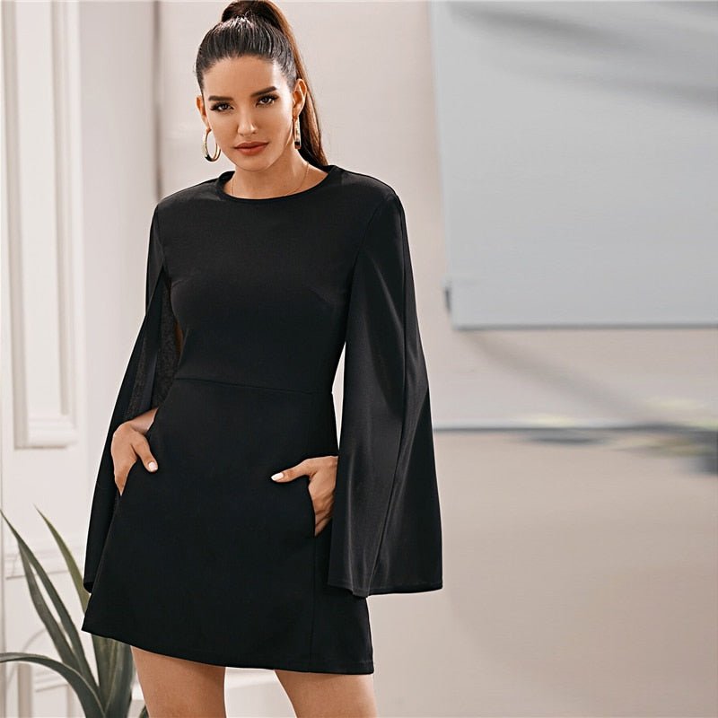 Cloak Sleeve Pocket Side Dress Without Belt Women Autumn Solid O-neck Short Fitted Elegant Highstreet Dresses