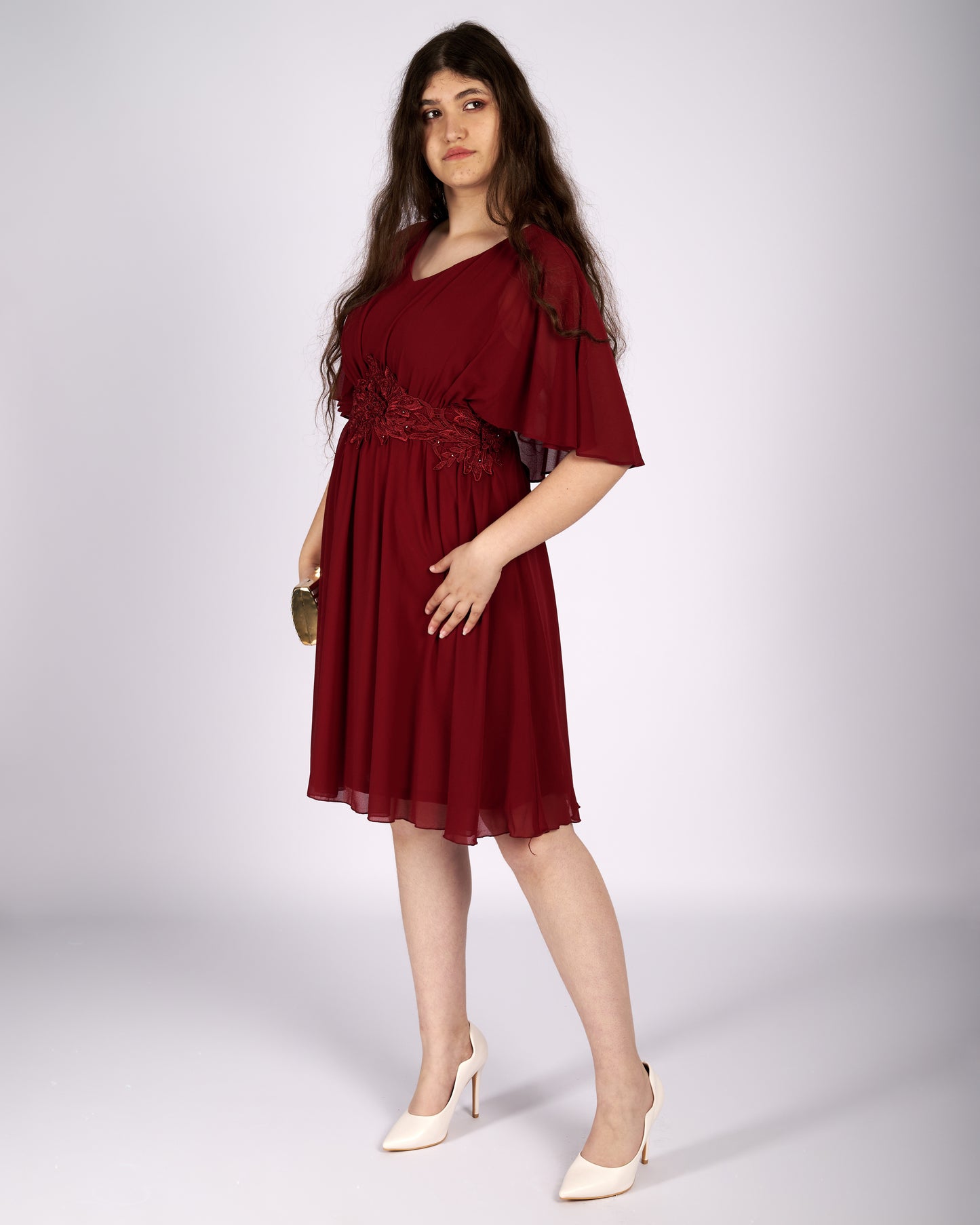 Dorothy Burgundy Mouseline Dress with Cape "evening dresses"
