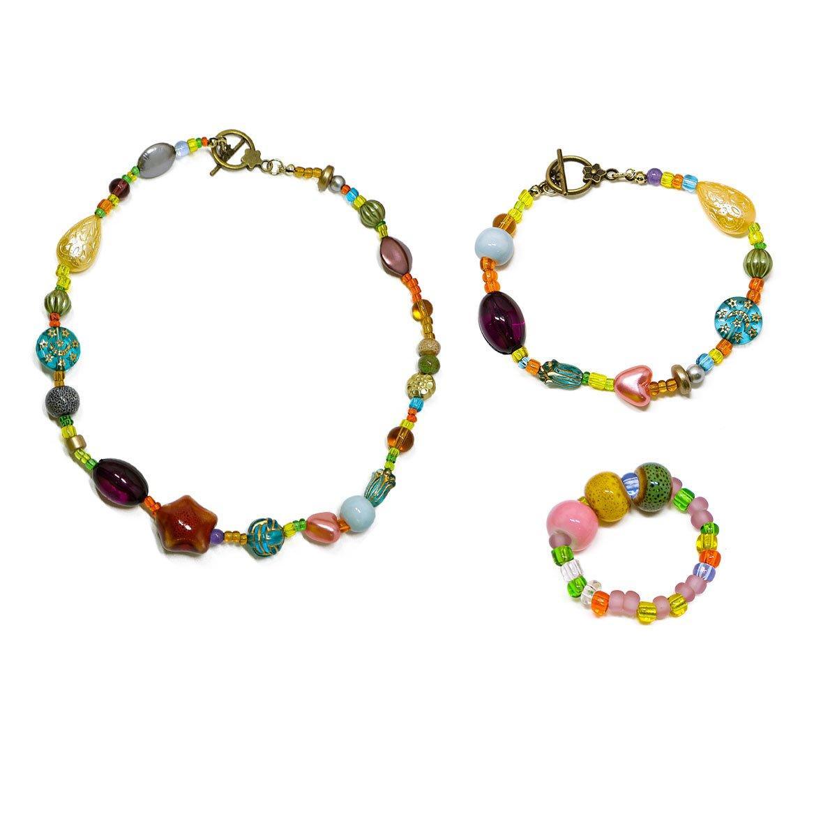 Colourful Ethnic Vintage Beaded Necklace Bracelet Ring Set Boho Jewelry Girl