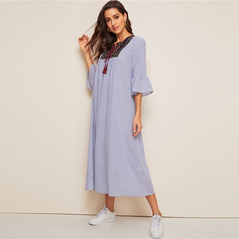 Tassel Tie Neck Embroidered Yoke Boho Striped Dress Women Summer Holiday Drop Waist Flounce Sleeve A Line Long Dresses