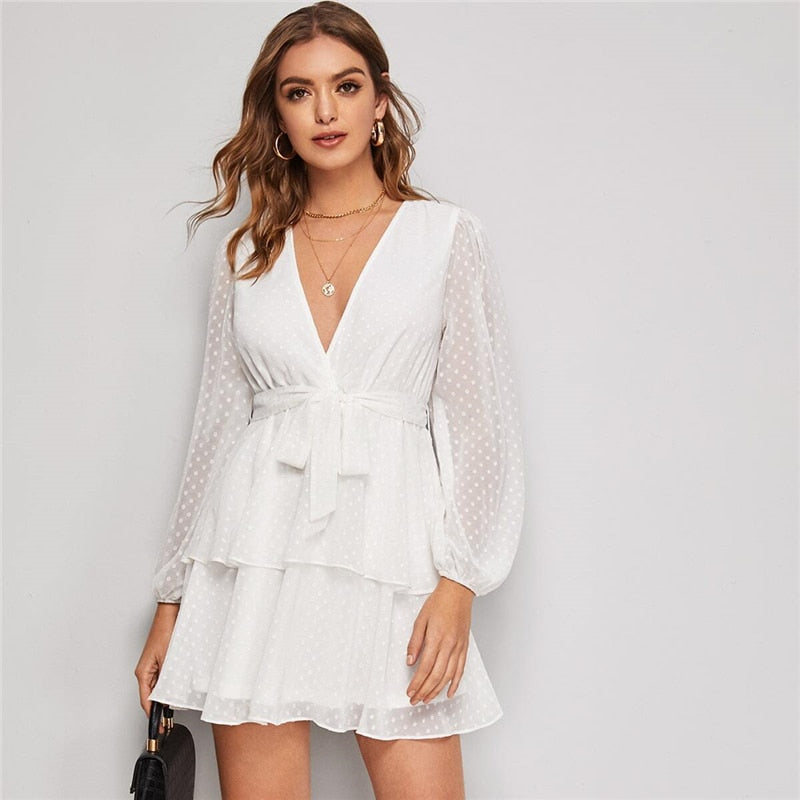 Purple Deep V Neck Double Layer Hem Swiss Dot Dress Women Autumn Bishop Sleeve Sexy Ladies Belted Short Dresses