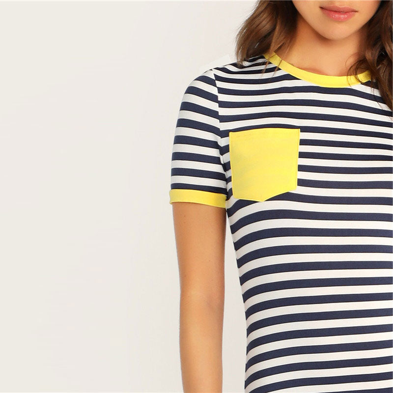 Pocket Patched Striped Ringer Tshirt Casual Dress Women Short Sleeve Preppy Round Neck Summer Dress Slim Bodycon Dresses