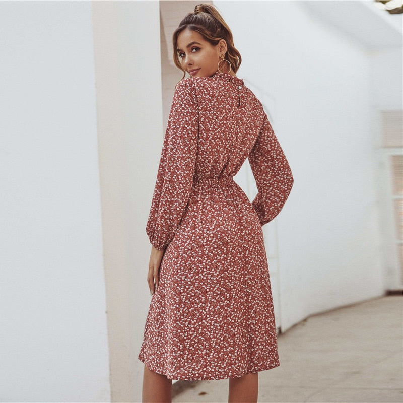 Red Ditsy Floral Print Stand Collar Casual Dress Women Spring High Waist Bishop Sleeve A Line Frill Midi Dresses