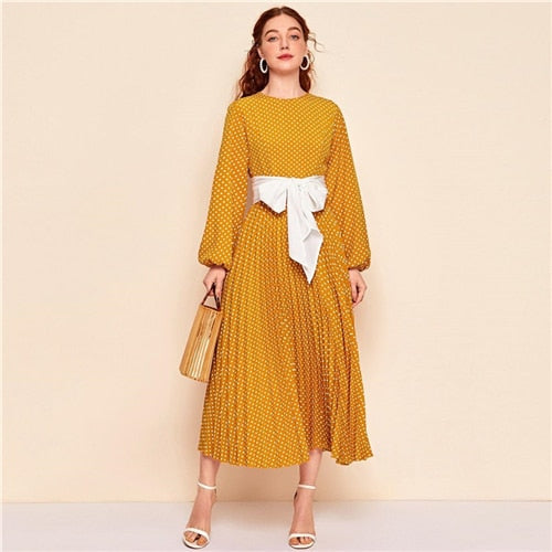 Abaya Blue Lantern Sleeve Polka Dot Pleated Dress With Belt Women Spring A Line Elegant High Waist Long Dresses