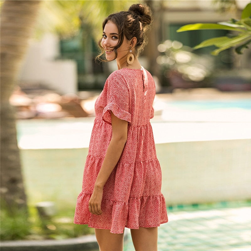 Red Ditsy Floral Print Ruffle Hem Smock Dress Women Summer O-neck Ruffle Hem Loose Boho Cute Mini Chiffon Dresses