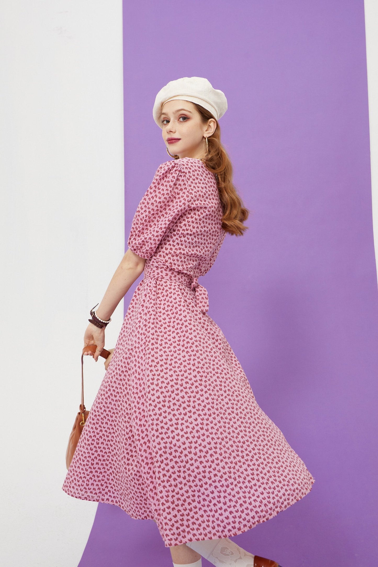 Love Print Casual Midi Holiday Dresses Women,Summer Vintage Short Sleeve High Waist Ladies Daily Bohemia Dress