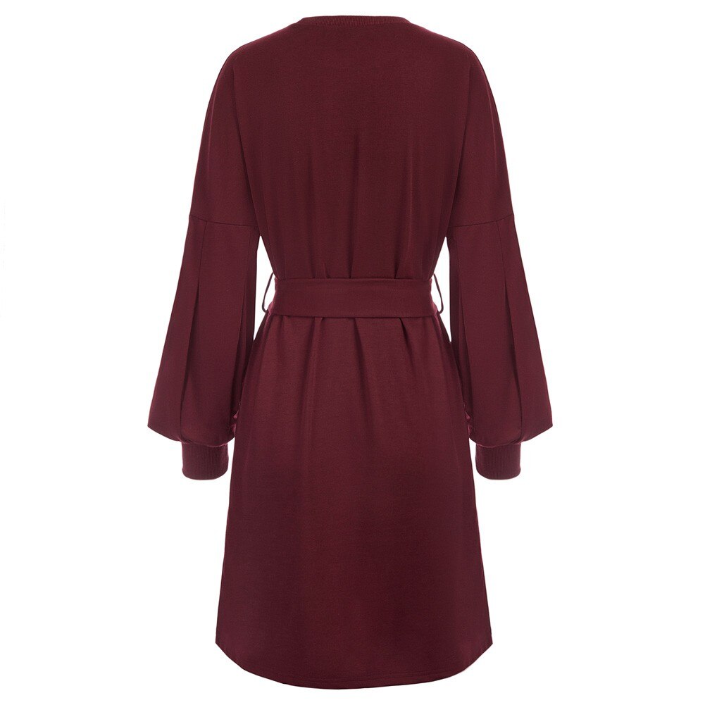 Grace Karin Summer Mini Dresses Women Belt Sashes Dress Long Lantern Sleeves Crew Neck Solid Color Retro Ladies A-Line Dress