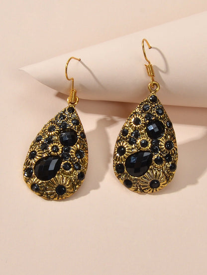 Retro Jewellery Textured Women Accessories Crystal Antique Water Drop Earrings