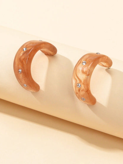 Boho Chic Rhinestone Brown Resin C shape Huggie Pierced Hoop Personality Earring