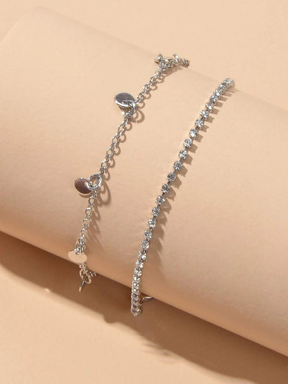 2pcs Women Rhinestone Gold Silver Chain Disc Charm Bracelet Fashion Accessories