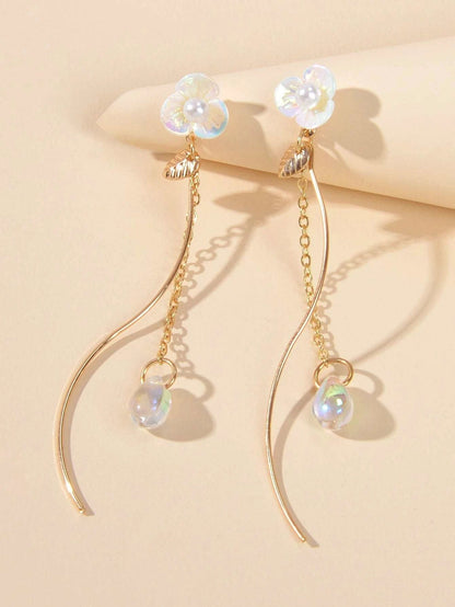 White Flower Gold Chain Dangle Earrings Women Accessories Tassel Stud Jewellery