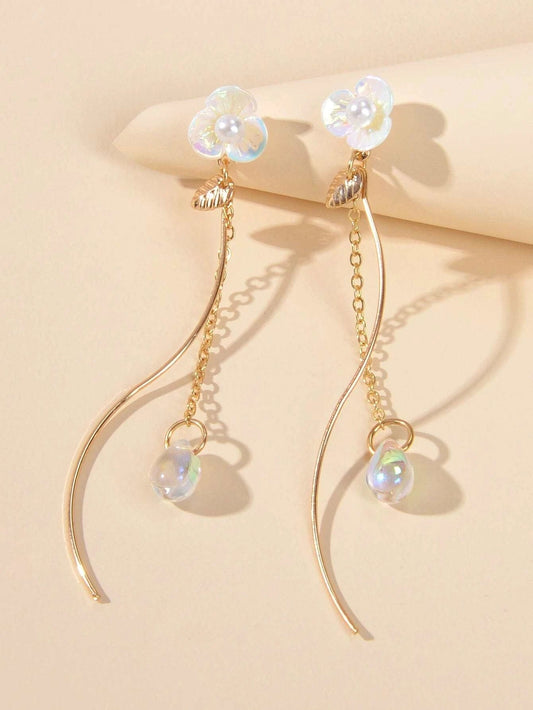 White Flower Gold Chain Dangle Earrings Women Accessories Tassel Stud Jewellery