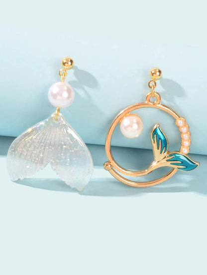 Exquisite Women Accessories Pearl Decor Mermaid Tail Asymmetric Holiday Earrings