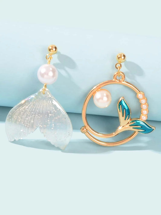 Exquisite Women Accessories Pearl Decor Mermaid Tail Asymmetric Holiday Earrings