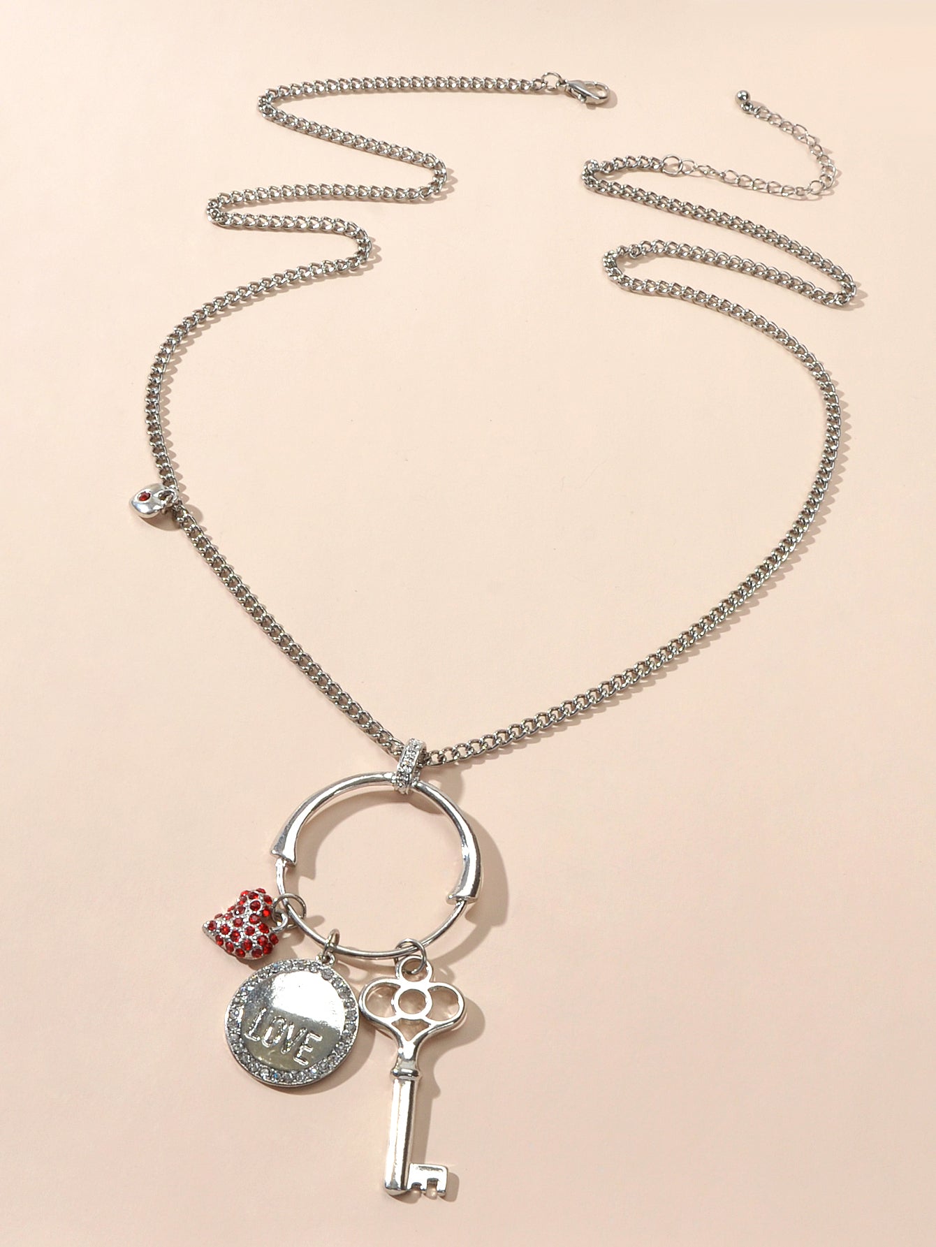 Gift Jewellery Women Girls Long Silver Chain Love Round Heart Key Charm Necklace