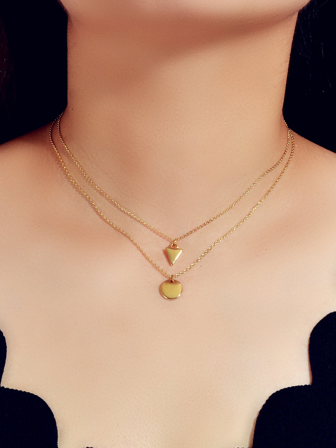 2pcs Minimalist Style Women Accessories Gold Chain Triangle Round Charm Necklace