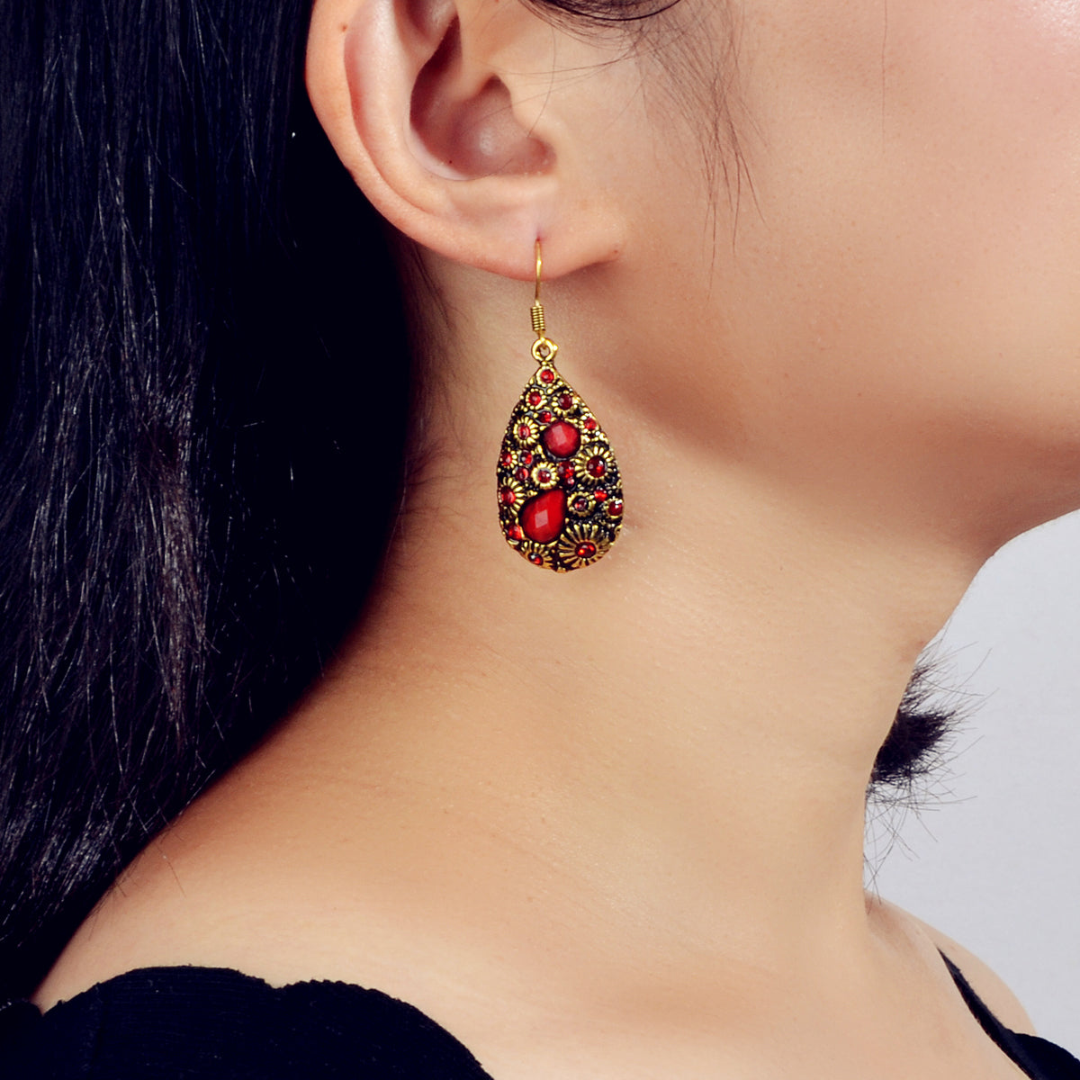 Retro Jewellery Textured Women Accessories Crystal Antique Water Drop Earrings