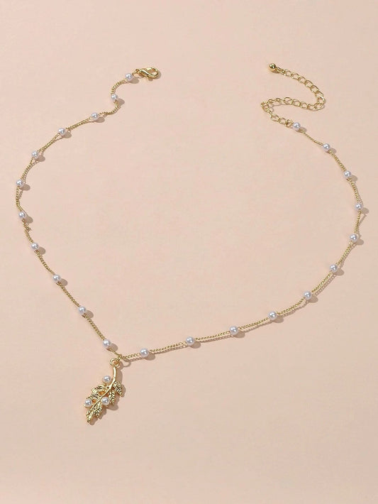 Feelontop Fashion Jewellery Pearl Gold Leaf Pendant Necklace Women Accessories