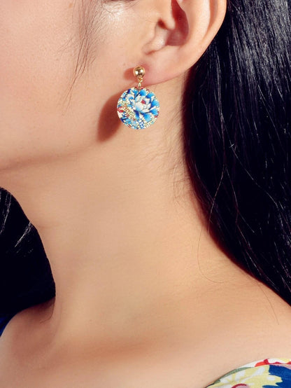 Ethnic Jewellery Blue Flower Round Drop Earrings Bohemian Women Accessories Gift
