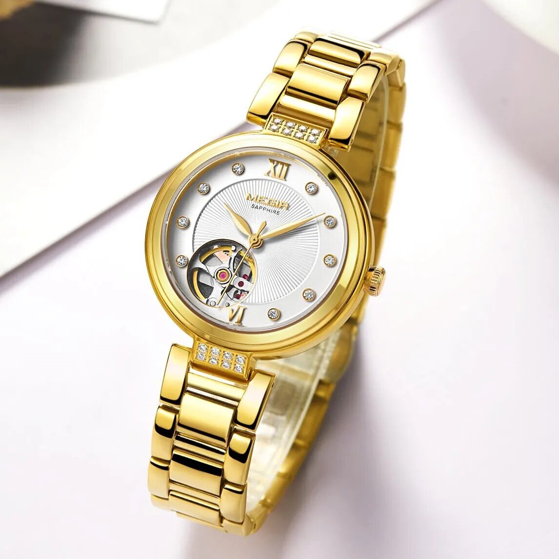MEGIR Luxury Stainless Steel Gold Women Bracelet Watch Large Dial Automatic Mechanical Wrist Watches Ladies Business Watch Clock
