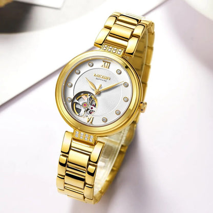 MEGIR Luxury Stainless Steel Gold Women Bracelet Watch Large Dial Automatic Mechanical Wrist Watches Ladies Business Watch Clock