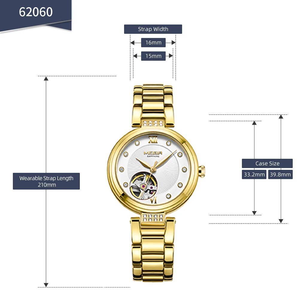MEGIR Luxury Stainless Steel Gold Women Bracelet Watch Large Dial Automatic Mechanical Wrist Watches Ladies Business Watch Clock
