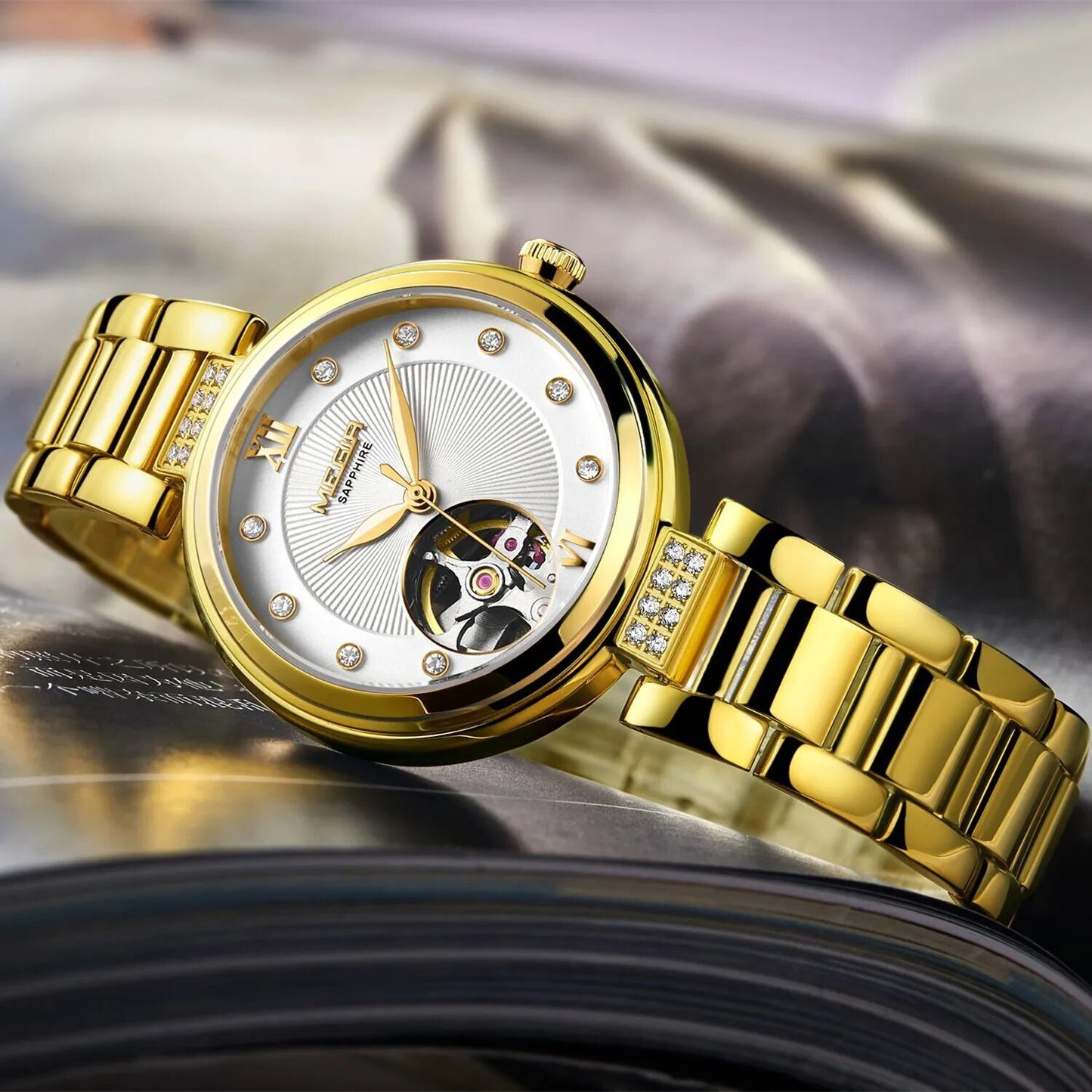 MEGIR Luxury Stainless Steel Gold Women Bracelet Watch Large Dial Automatic Mechanical Wrist Watches Ladies Business Watch Clock