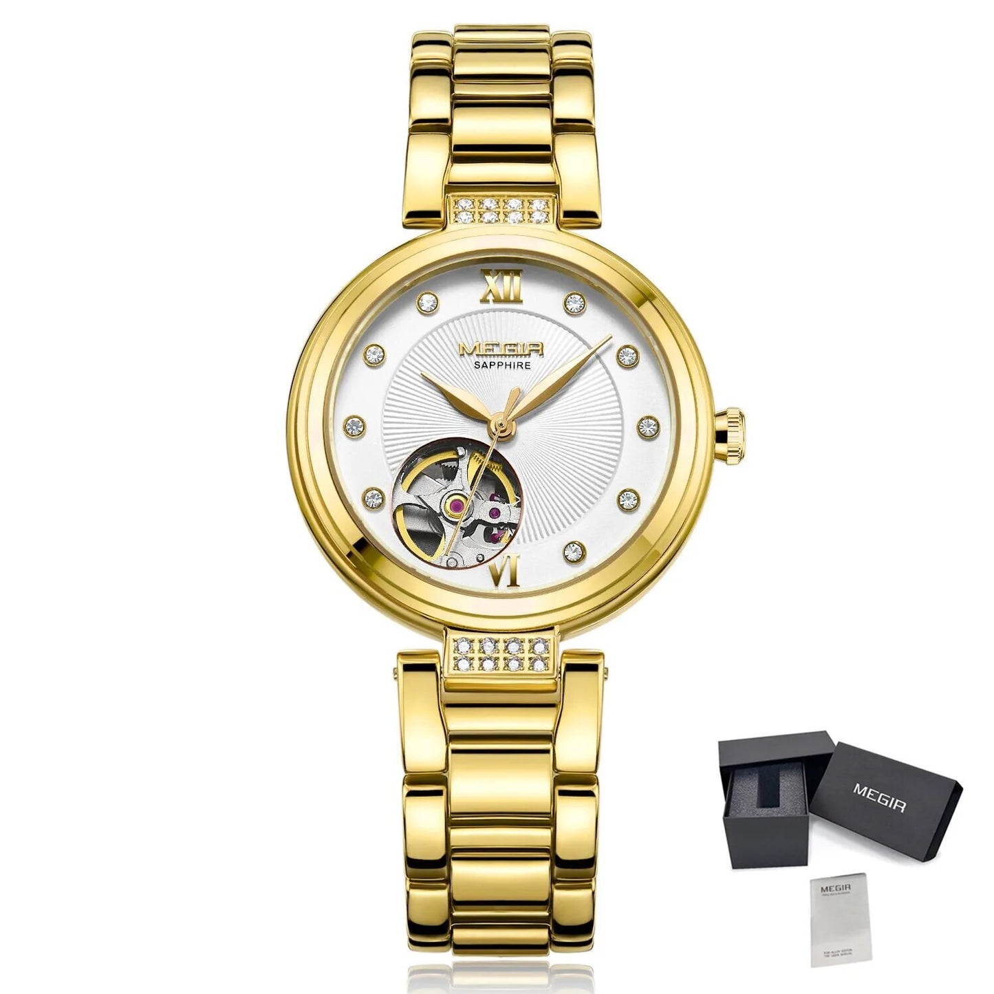 MEGIR Luxury Stainless Steel Gold Women Bracelet Watch Large Dial Automatic Mechanical Wrist Watches Ladies Business Watch Clock