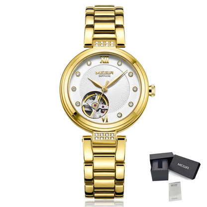 MEGIR Luxury Stainless Steel Gold Women Bracelet Watch Large Dial Automatic Mechanical Wrist Watches Ladies Business Watch Clock