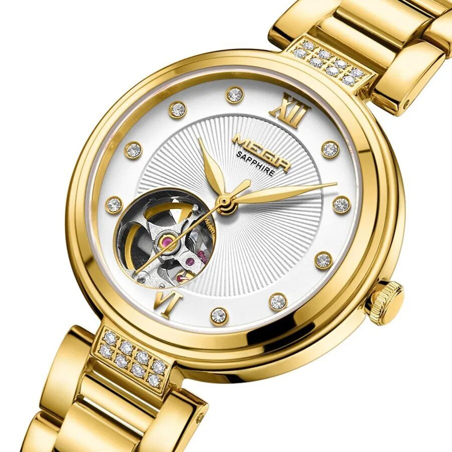 MEGIR Luxury Stainless Steel Gold Women Bracelet Watch Large Dial Automatic Mechanical Wrist Watches Ladies Business Watch Clock