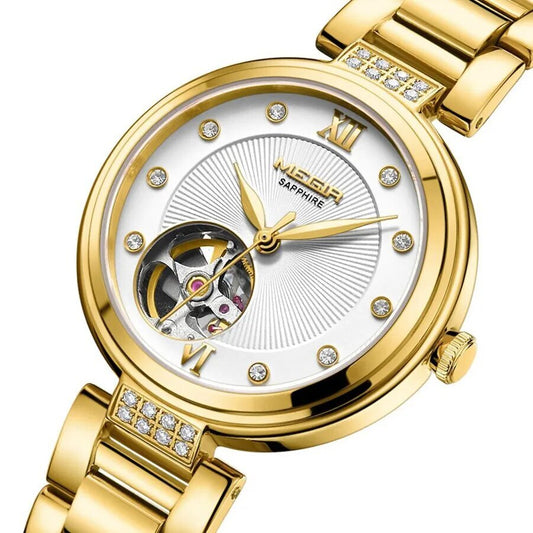 MEGIR Luxury Stainless Steel Gold Women Bracelet Watch Large Dial Automatic Mechanical Wrist Watches Ladies Business Watch Clock