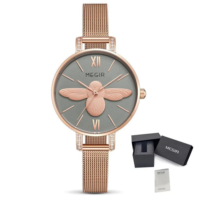 MEGIR Fashion Women Watches Top Brand Luxury Quartz Wristwatch Ladies Rose Gold Mesh Belt Business Casual Watch Reloj Mujer 7009