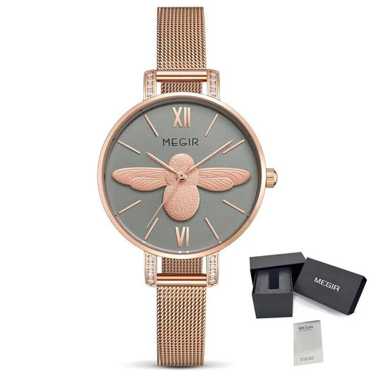 MEGIR Fashion Women Watches Top Brand Luxury Quartz Wristwatch Ladies Rose Gold Mesh Belt Business Casual Watch Reloj Mujer 7009
