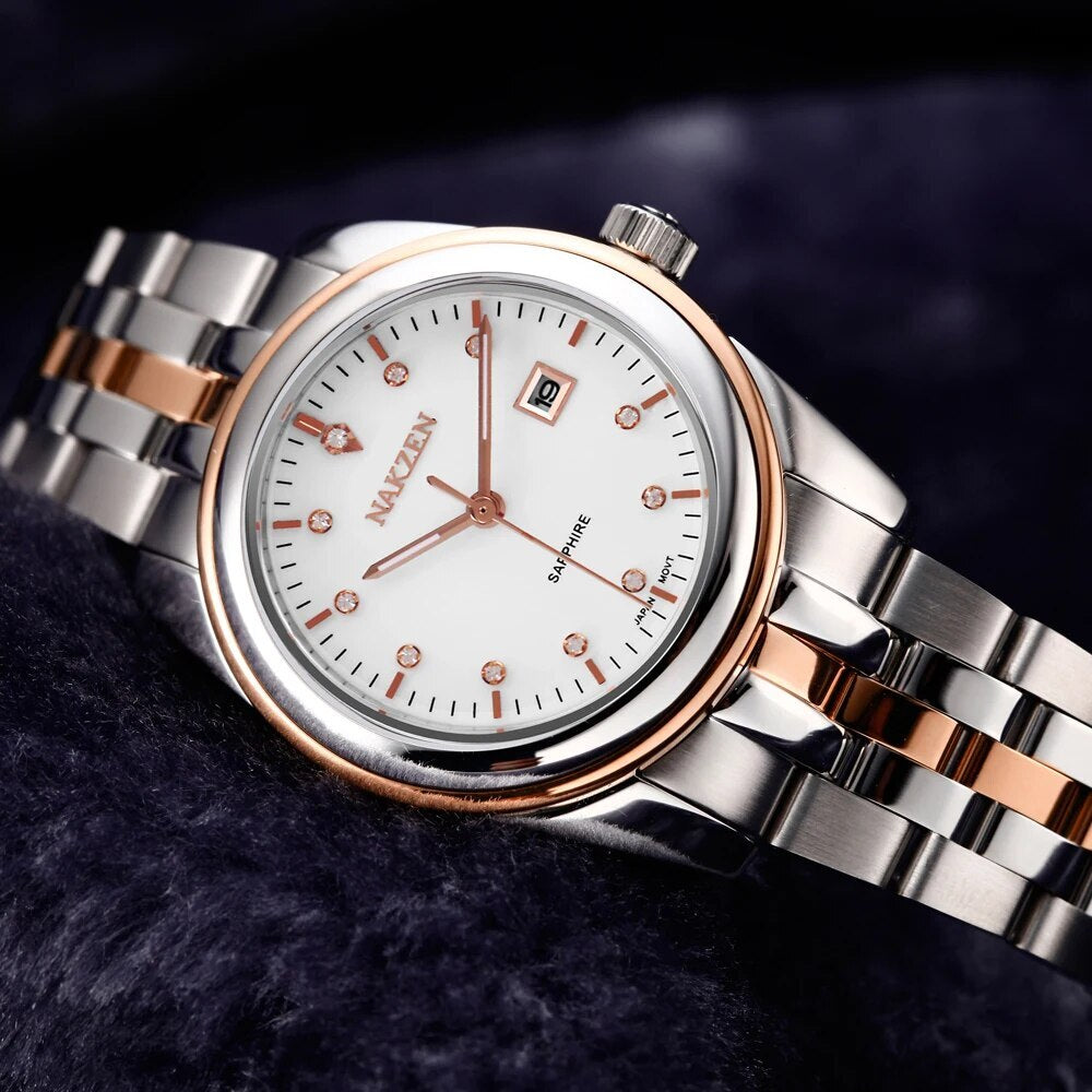 NAKZEN Womens Gold Luxury Quartz Diamond Watch Calendar Display Women Full Steel Wrist Watch Female Clock relogio masculino