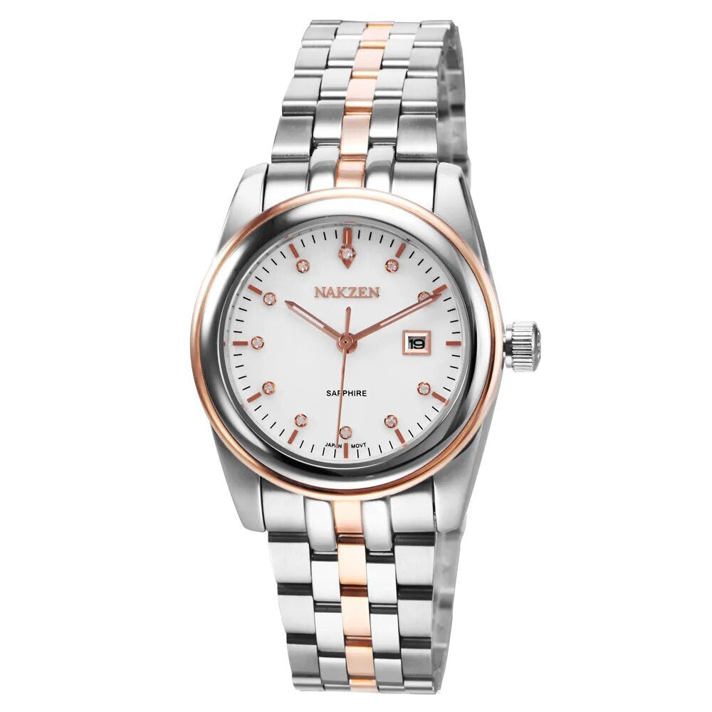 NAKZEN Womens Gold Luxury Quartz Diamond Watch Calendar Display Women Full Steel Wrist Watch Female Clock relogio masculino