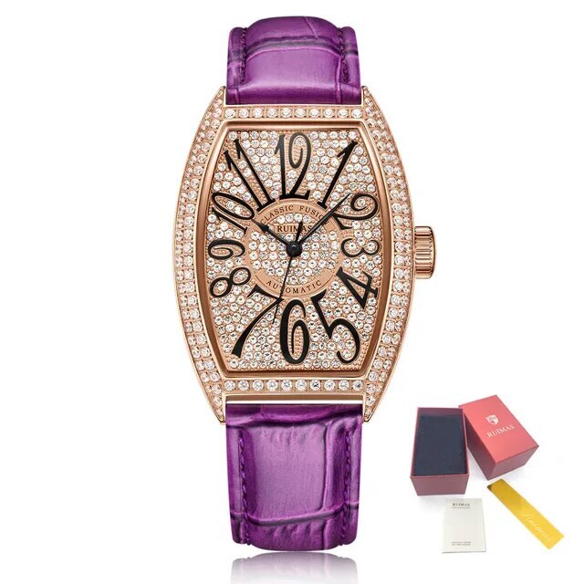 RUIMAS Luxury Diamond Women Automatic Mechanical Watches Waterproof Elegant Ladies Wrist Watch Clock Leather Reloj Mujer 6757