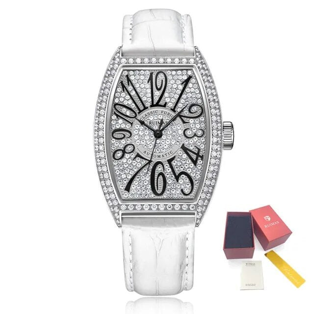 RUIMAS Luxury Diamond Women Automatic Mechanical Watches Waterproof Elegant Ladies Wrist Watch Clock Leather Reloj Mujer 6757