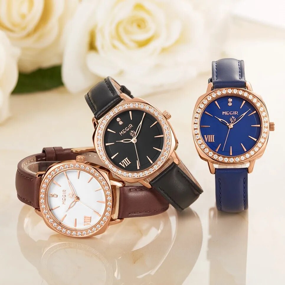 MEGIR Fashion Women Watch Luxury Diamond Leather Ladies Bracelet Watch Female Quartz Wristwatches Dress Clock Relogio Feminino