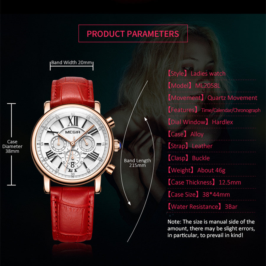 MEGIR Top Brand Quartz Watch for Women Leather Strap Ladies Casual Sport Wristwatch Luxury Waterproof Watches Clock 2058