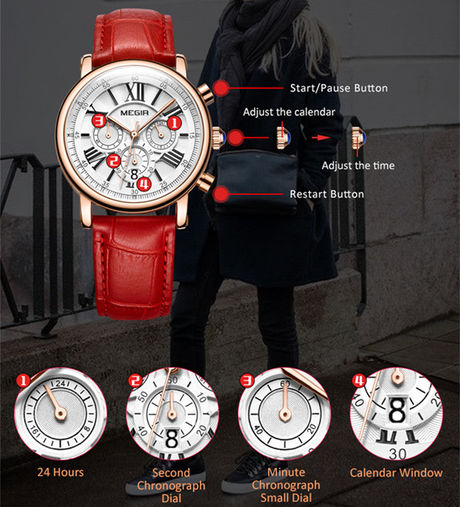 MEGIR Top Brand Quartz Watch for Women Leather Strap Ladies Casual Sport Wristwatch Luxury Waterproof Watches Clock 2058