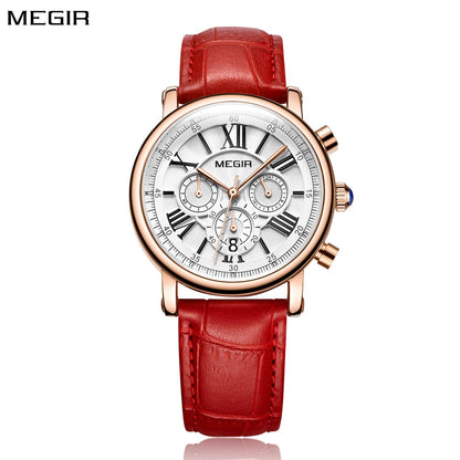 MEGIR Top Brand Quartz Watch for Women Leather Strap Ladies Casual Sport Wristwatch Luxury Waterproof Watches Clock 2058