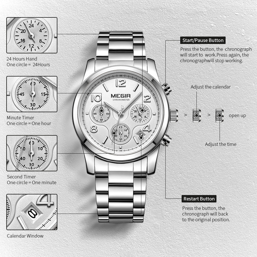 MEGIR Luxury Elegant Women Watch Stainless Steel Ladies Quartz Wristwatch Fashion Female Watches Casual Femme Relogio 2057