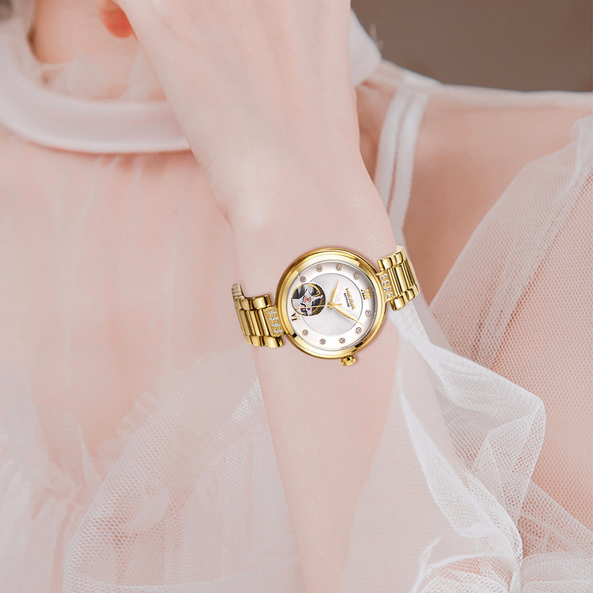 MEGIR Luxury Stainless Steel Gold Women Bracelet Watch Large Dial Automatic Mechanical Wrist Watches Ladies Business Watch Clock