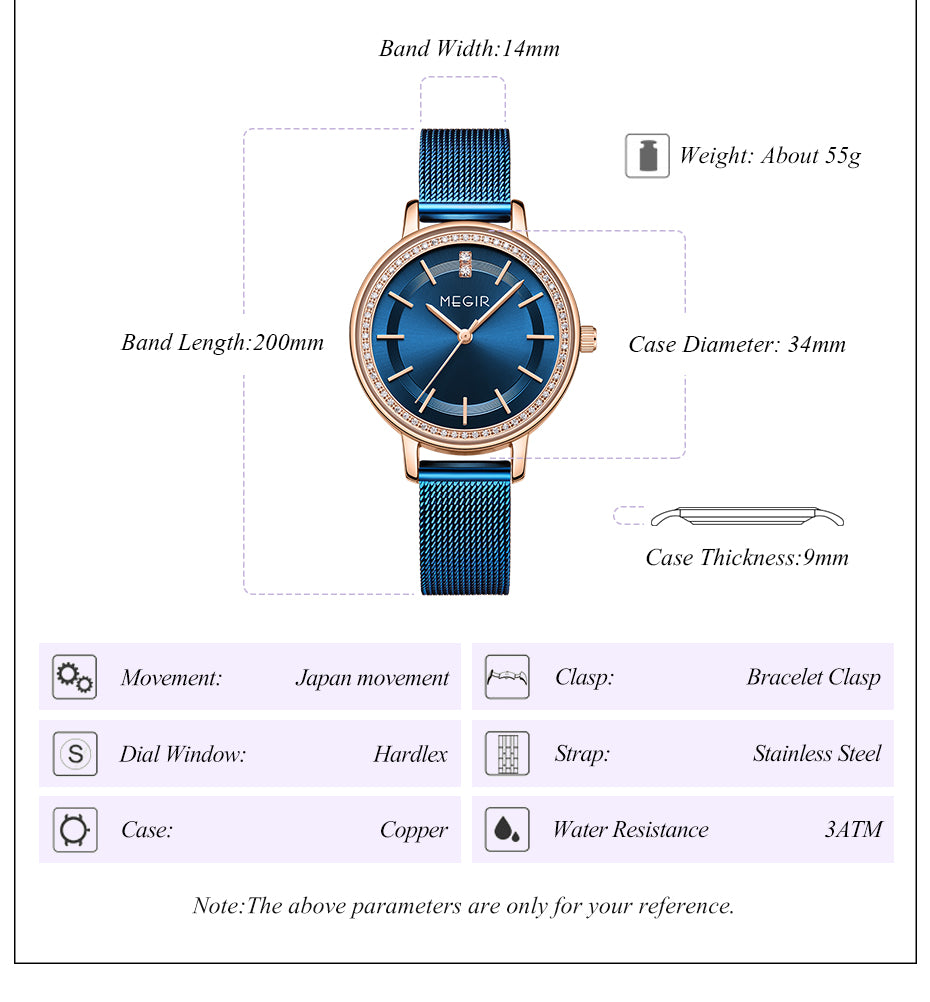 MEGIR Luxury Watches for Women Stainless Steel Dress Clock Fashion Elegant Wristwatch Quartz Watch Ladies Clock Reloj Mujer 7012