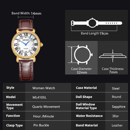 MEGIR Luxury Women Watch Business Ladies Fashion Quartz Bracelet Wrist Watches Casual Leather Band Dress Clock Montre Homme