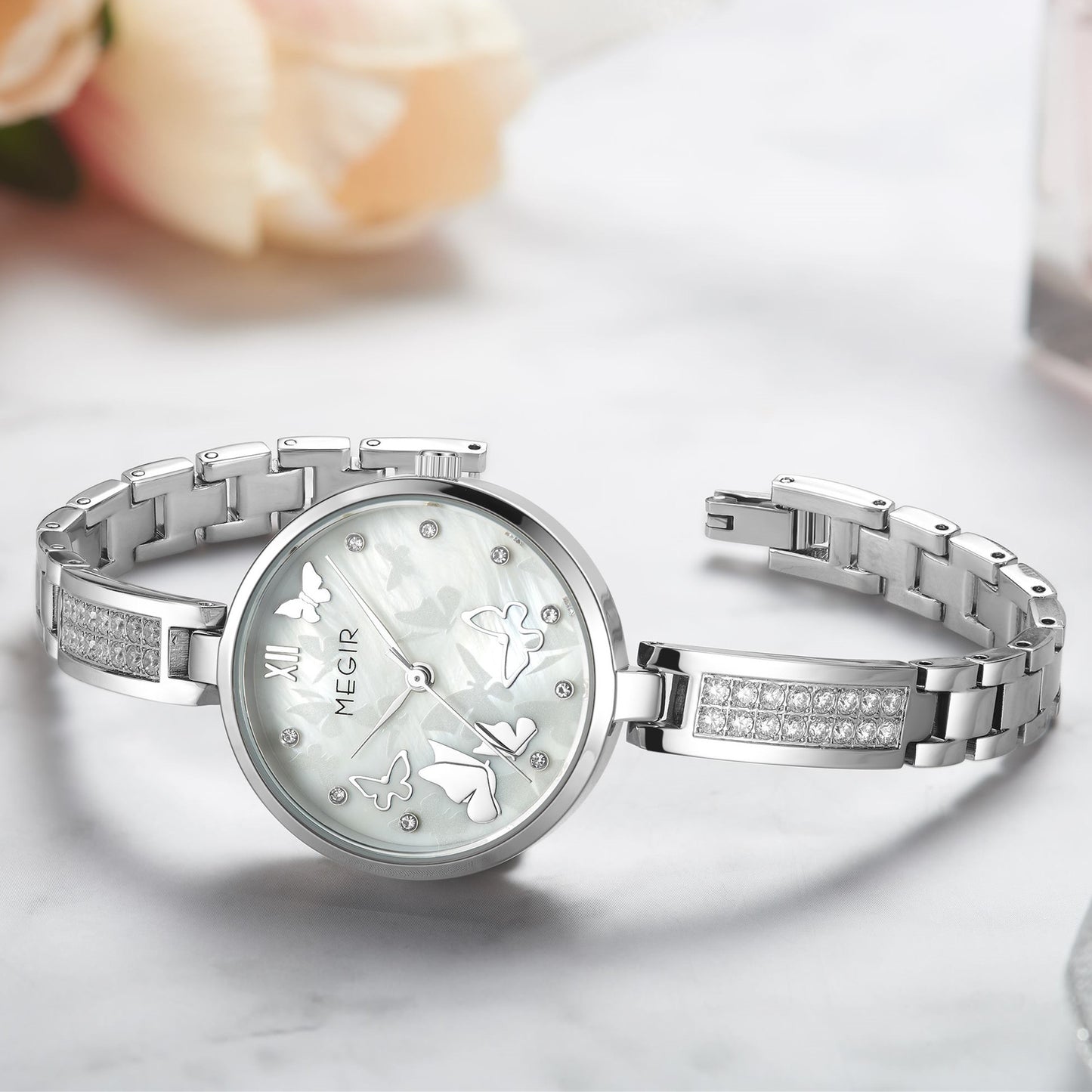 MEGIR Watch for Women Luxury Diamond Ladies Quartz Wristwatches Steel Women Bracelet Watches Female Dress Clock Relogio Feminino