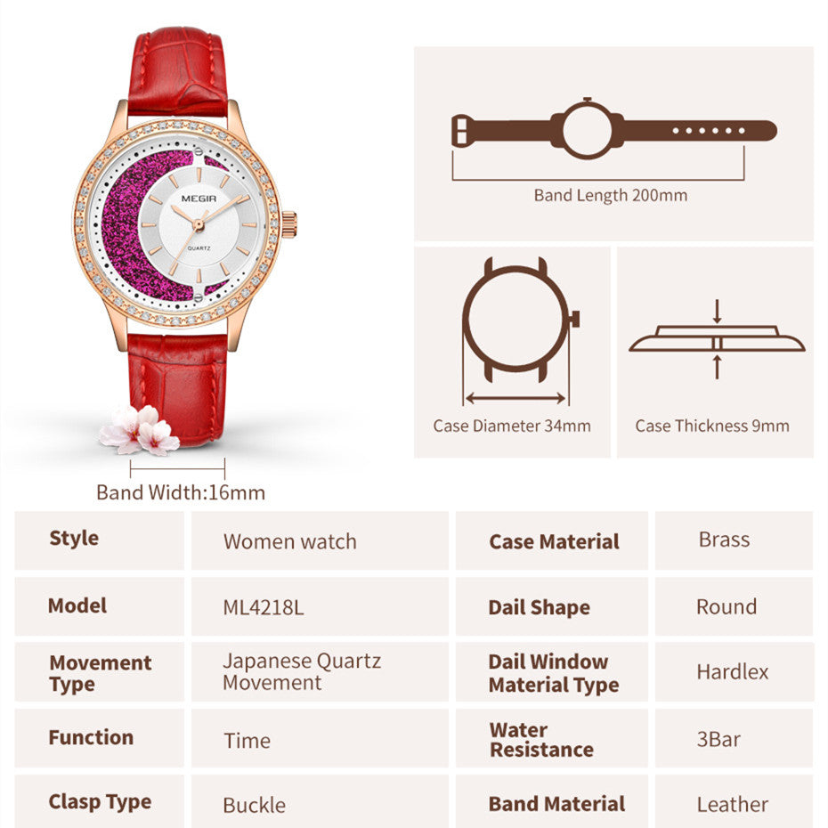 MEGIR Diamond Women Luxury Watch Elegant Ladies Quartz Wristwatch Female Bracelet Watches Waterproof Red Leather Dress Clock